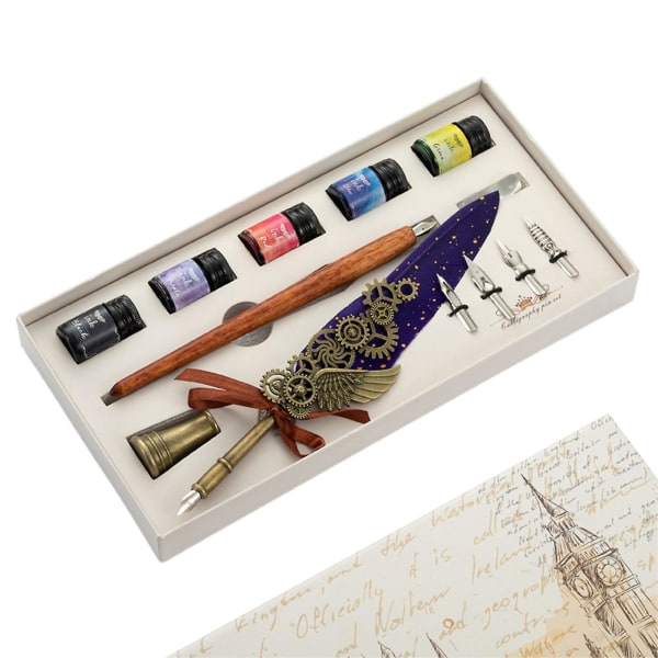 SQBB Antik Dip Pen Kit 4 Replacement Pen Nibs Fjäder Penna Kalligrafi Present Pen Set