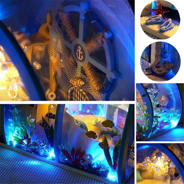 Ocean Tunnel Dockhus Med Möbler Led Ljus Kit Diy Miniatyr Trä Dockor Hus Romantisk Konst Handverk Barn Jul Födelsedagspresent Hus Modell