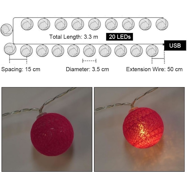 Bomullskuler, lyskjede, 3,3 m bomullskule lyskjede, 20 LED-kuler, lyskjede, LED-lyskjede for barnerom, soverom, jul, bryllup, fest ROSA USB