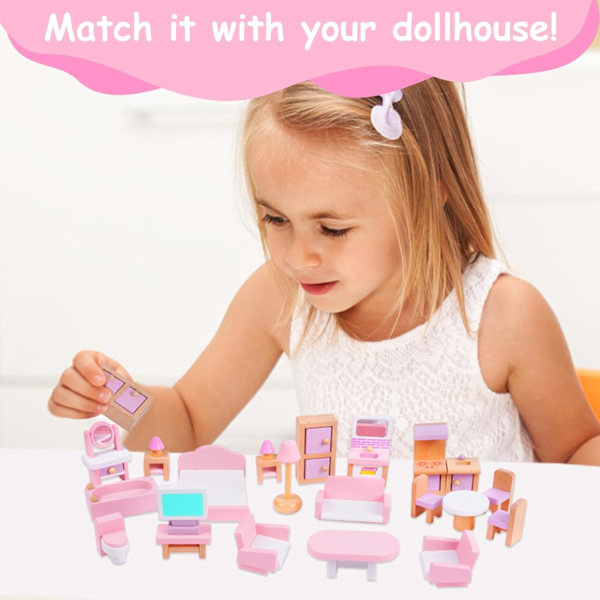 Puinen Nukkekodin Kalusteet, 20 Kpl 8 Perheen Nukkeilla & Lemmikillä, Lapsille pink
