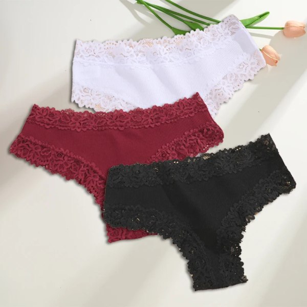 3st/set Bomull brasilianska underkläder för kvinnor Sexiga spetsribbade blomstringtrosor Kvinnliga Andas Solid T-back Bikini S- SET 2 XL