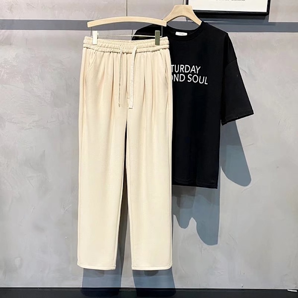 2022 Nya Shorts Dragsnöre Elastisk Midja Beskärda Byxor Mäns Sommar Ice Silk Loose Drooping Rak Casual Bys Black XXXL