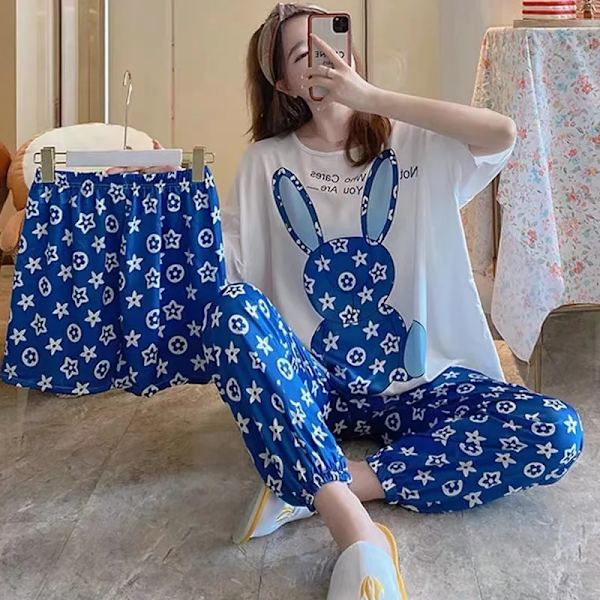 Naisten Uusi Pyjama 3-osainen Naisten Kesä Lyhythihainen Löysä Korealainen Versio Opiskelijoiden Suuri Koko Suuri Koko Suuri Koko Kotipyjama Sininen 40-70kg