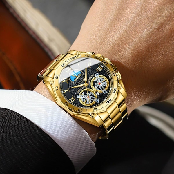 Mænds Kvarts Armbåndsur Fritids Rustfrit Stål Ure Mode Analogt Ur Lysende Dato Kalender Herre Ur Guld Sort Gold black