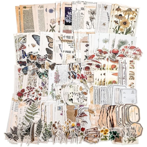200 stk. transparente dekorative klistermærker med planter og blomster i vintage-stil, 9 naturtemaer, klistermærker Natur Planter