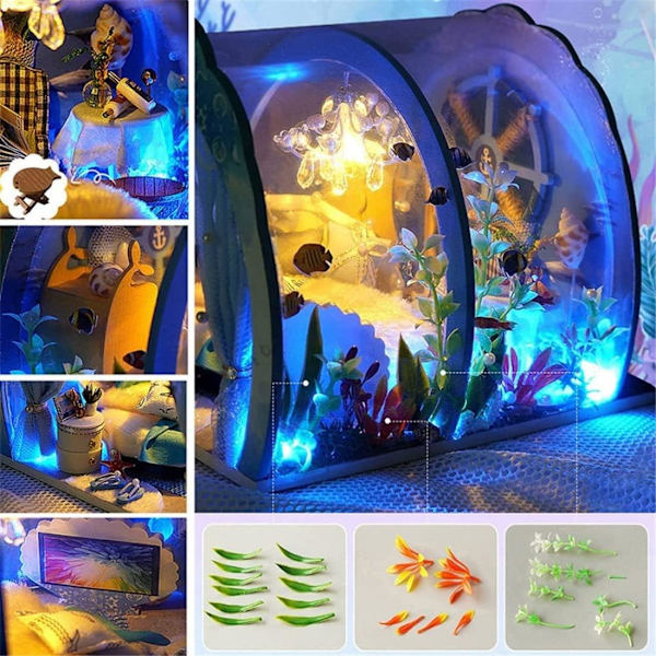 Ocean Tunnel Dockhus Med Möbler Led Ljus Kit Diy Miniatyr Trä Dockor Hus Romantisk Konst Handverk Barn Jul Födelsedagspresent Hus Modell