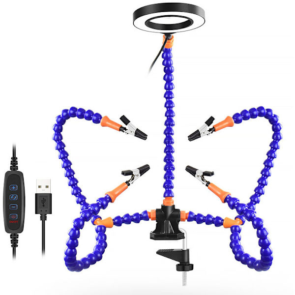 3x förstoringslampa svetsstation flexibel arm svetsverktyg, USB, justerbara 4 klor (SN5SB-USB(467g) blå 5 klor)