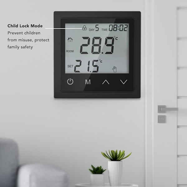 Gulvvarme termostat med LED-touchskærm og intelligent temperaturstyring Black