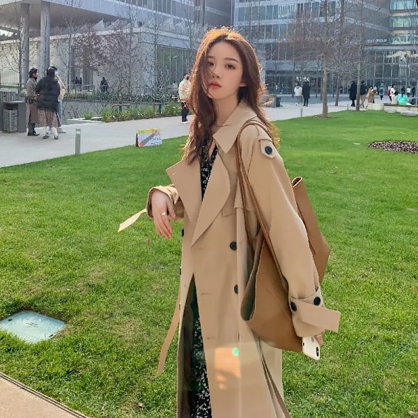 2023 Efterår Kvinde Lang Trench Frakke Mode Koreansk Gade Loose Frakke Casual Elegant Khaki Sort Kvinde Vindjakke Ny Pels DD03169 M