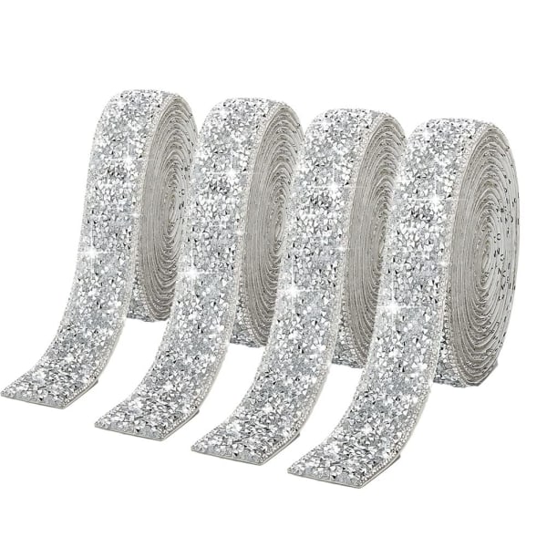 4 rullar Silverharts Rhinestone Band Självhäftande Kristallband Roll Glitter Harts Diamantbälte Bling Sparkling Diamond, 10mm