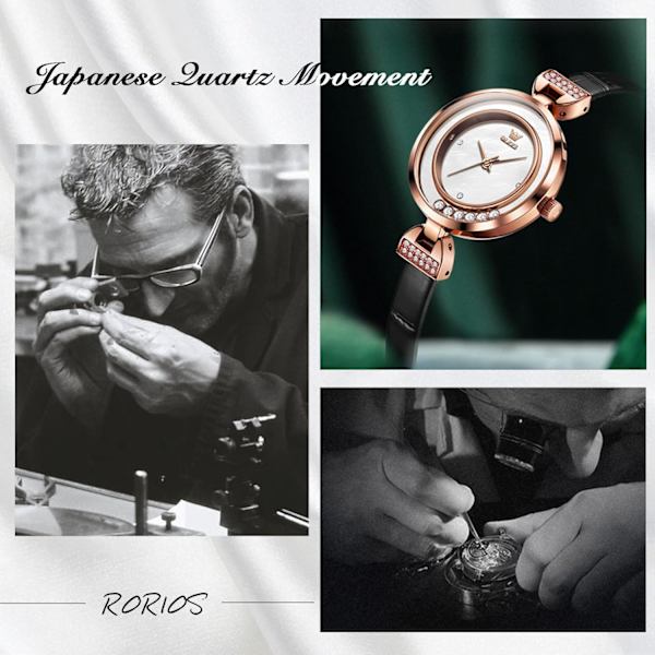Elegant Damearmbåndsur med Diamant - Analogt Kvartsur Vannresistent Smaragd Ur - Mote Klesur med Lærreim Svart Black