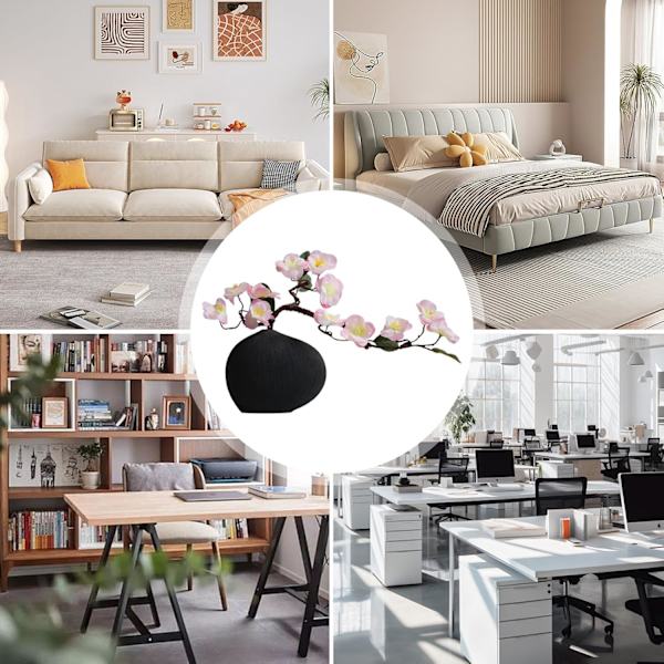 Keramisk blomkruka – geometrisk formarrangemang, vit dekorativ kruka för mantel, bokhylla Svart vas + rosa körsbärsblommor