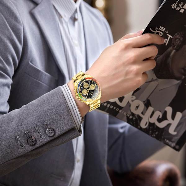 Herremode Armbåndsur Elegant Multifunktionelt Ur Analogt Kvartsur Diamant Rustfrit Stål Armbåndsur Chronograph Lysende Ur Guld Sort Gold black