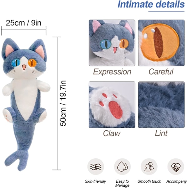 Lang katt plysjleketøy søt plysj kosedyr plysj pute hai katt kosedyr for jenter og gutter blå 19,7\\\" Blå Blue