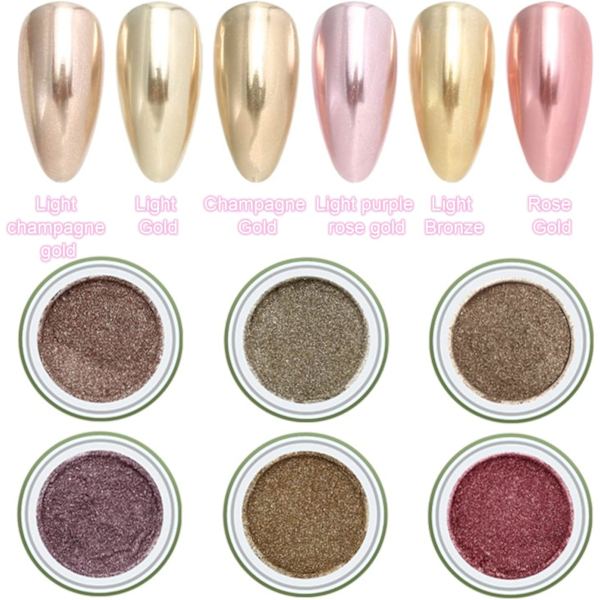 6-delad set av rosa guld nagelpulver box - krom pärleffekt na
