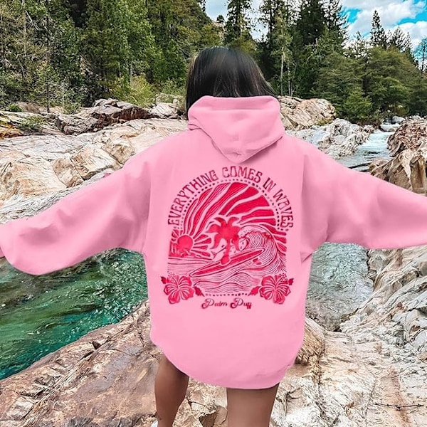 Palm Puff Hettegenser for Kvinner 2025 Rosa Grafisk Hettegenser Pink