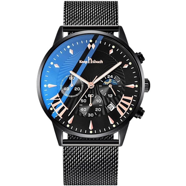 Multifunktionel Herre-ur Business Analog Kvartsur Sport Chronograf Armbåndsur 3ATM Lysende Ur, Sort B, L