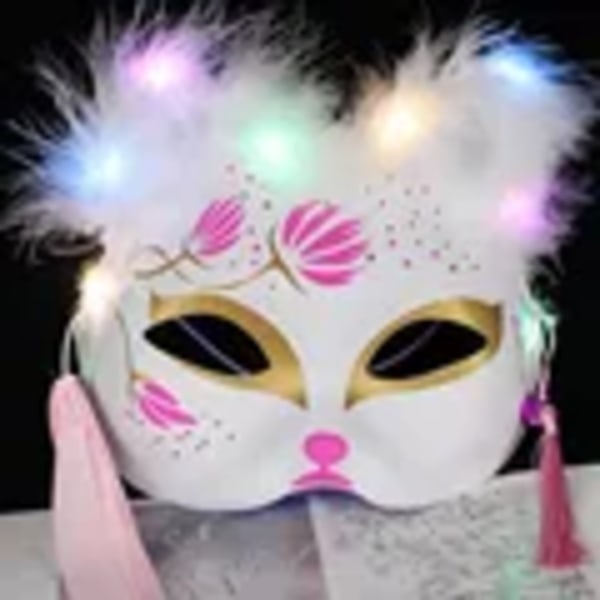 Luminous Led Fox Mask Japanska Cosplay Blinkande Glådar Mörk Ögon Mask Rave Kostym Anime Halv Ansikte Katt Masker Maskerad Parti Rekvisitar 9