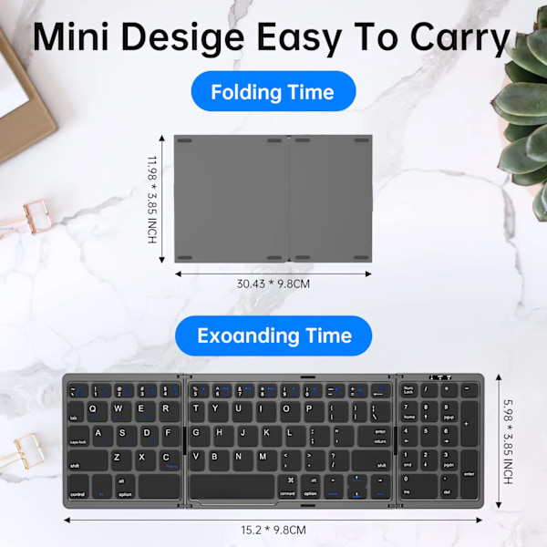 Mini Bärbar Fällbar Tangentbord Tunn Trådlös Bt-Nummer Tangentpapper För Mac Windows Laptop Tablet Ljus-Handy Bluetooth-Kompatibelt Svart-Svenska