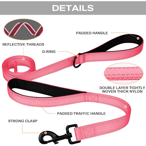 Solid Hundefører med Dobbelt Håndtak, Refleks for Trafikkontroll, 4FT, Rosa Pink 5 ft 2 Handle