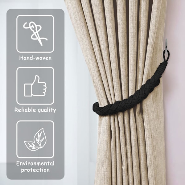 Bomulstogreb Gardinbindere, 4-pak Håndstrikket Gardinholdere, Off White Black-4 pcs