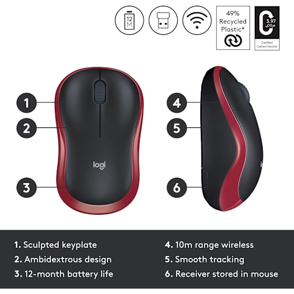 Langaton hiiri, 2,4 GHz, pienellä USB-vastaanottimella, ambidextrous