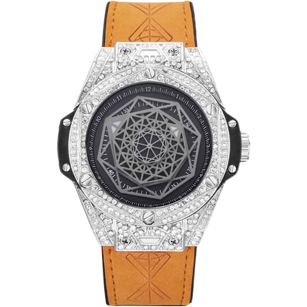 Fuld Diamant Ure Elegant Kvarts Armbåndsur Kreativ Analog Mænds Ure Mode Rustfrit Stål Mænds Ure med Læderrem Brun A Brown A