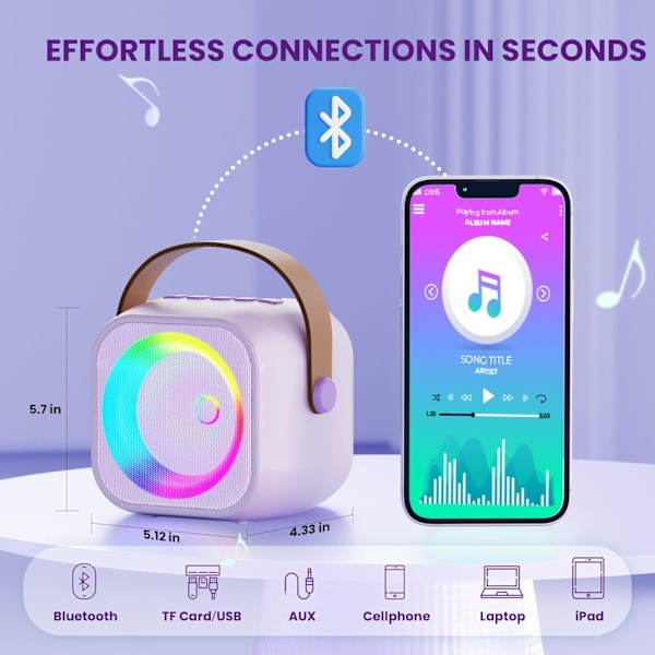 Minikaraoke för barn (4-12+) - Bluetooth-högtalare med 2 mikrofoner Purple 1 Mic