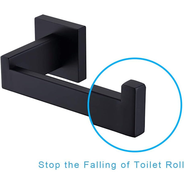 Mat sort toiletpapirholder, toiletrulleholder og kroge til badeværelse og køkken, rustfrit stål, moderne firkantet