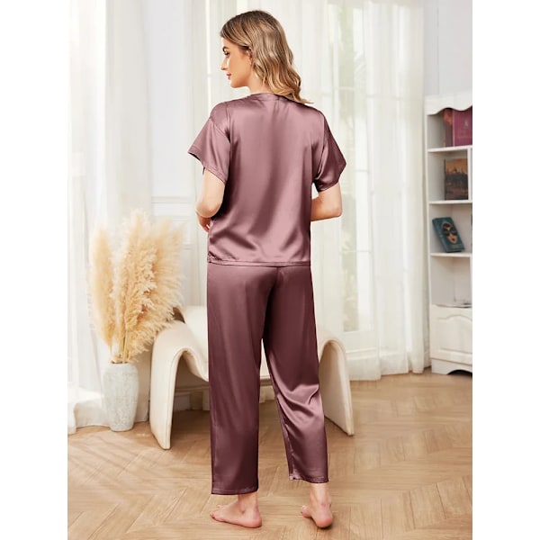 Naisten Silkki Pyjama Lyhyt Hiha Univaatteet Pehmeä Satiini Loungewear Pyöreä Kaula T-paita Ja Housut 2 Osainen Setti Beige L