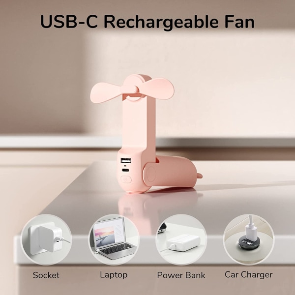 Handhållen fläkt, 3 IN 1 mini handfläkt - Bärbar USB uppladdningsbar fläkt med Power Bank (rosa)