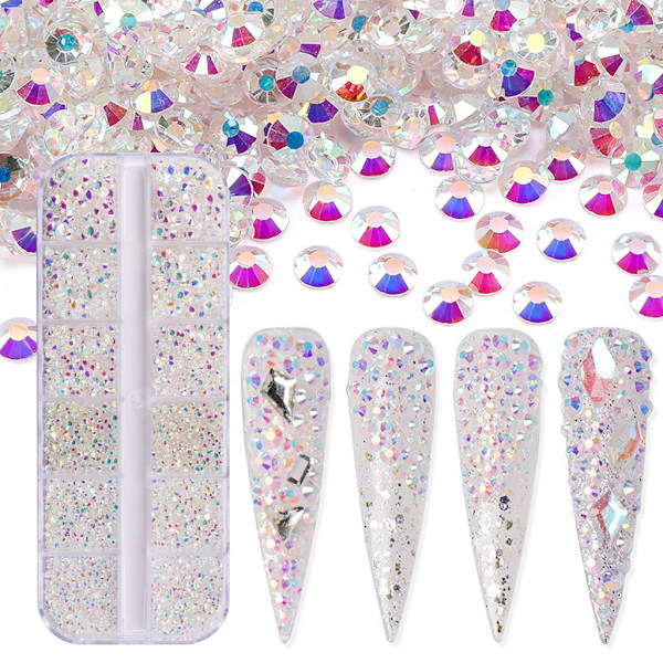 3600 stk Nail Art til Rhinestone AB Rhinestones Perler Nail Gems Rundformede Flatback Gems Stones Dubbe 6 størrelser med æske Grøn Green