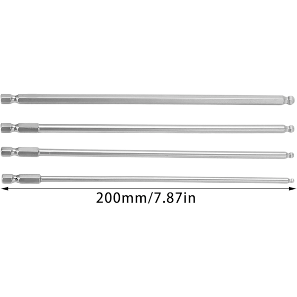 Hexskruvmejselbits med Kulände, 4 St Hexskruvmejselbitssats S2 Stålmagnetisk Metrisk Kulhuvud Sexkantsbits 1/4 Tums Sexkantskaft(200mm) 200mm