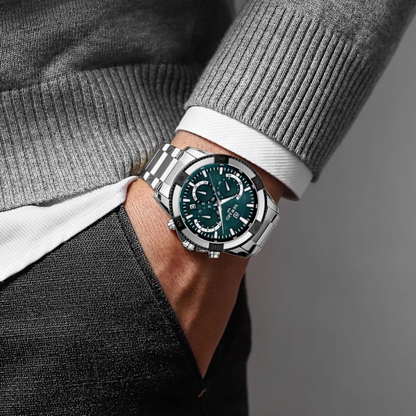Forretningsure til mænd Multifunktionel Kvarts Armbåndsur Simpel Rustfrit Stål Ur Lysende Analog Mænds Ur med Grøn Green