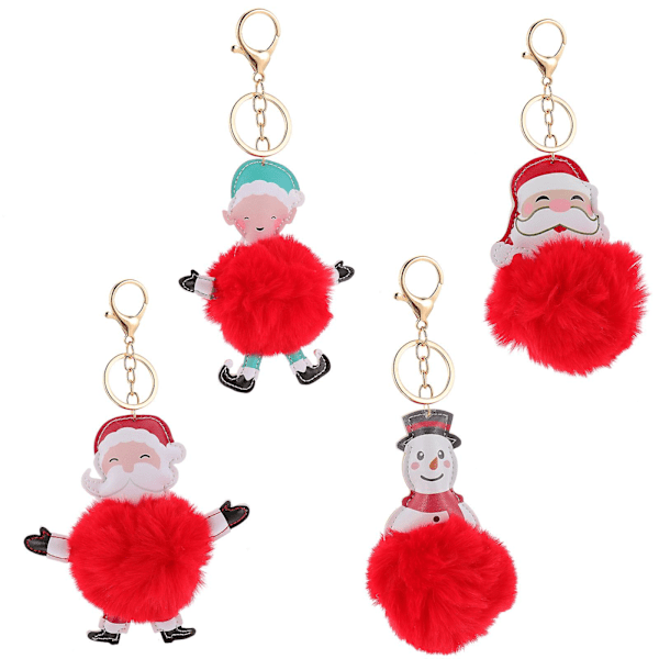 4 stk Pom Pom Nøkkelring Snømann Nøkkelringer Fluffy Nøkkelring