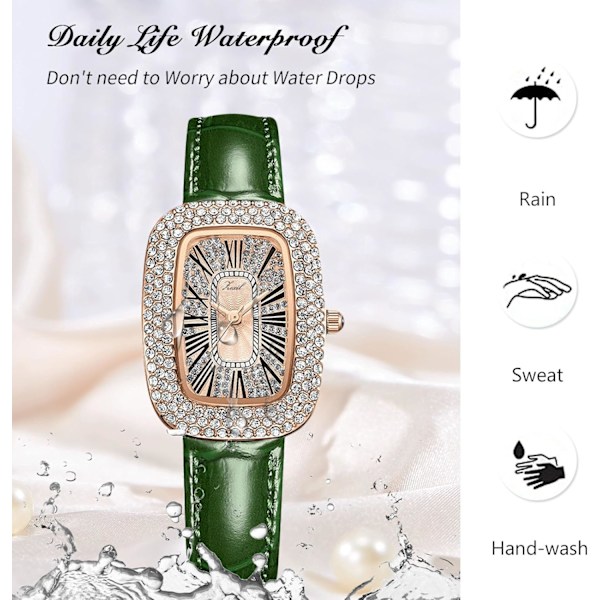 Damklocka med diamanter, analog kvarts, strass, elegant armband, läder, vattentät, grön Green