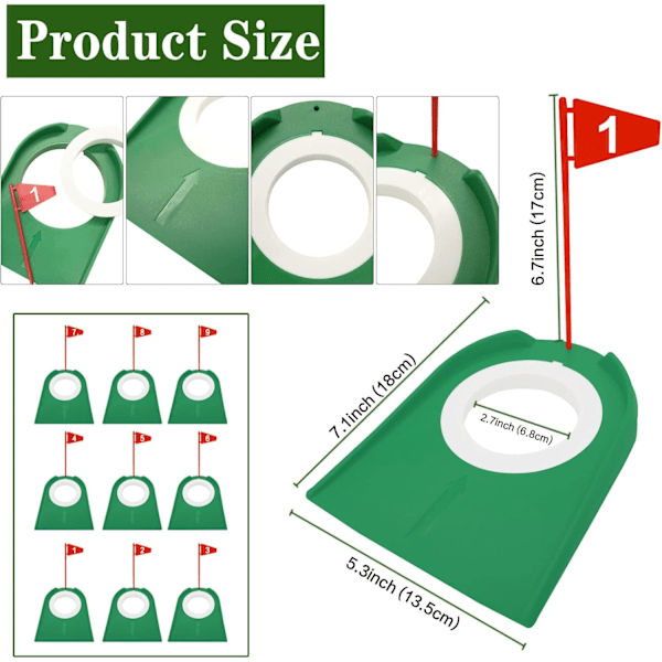Golf Putting Cup och Flagga, Träningshål, All-Riktning Yta för Inomhus och Utomhus Användning 9 Pcs Green Cup with Red Flag