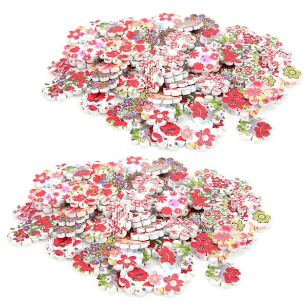 200 stk malte blomsterknapper i tre, blandet, for DIY-søm og håndverk, 2 hull, 20 mm