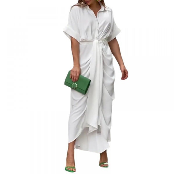 Ditsy Tie Front Button Up Boho Midi T-shirtklänningar (Vit L)