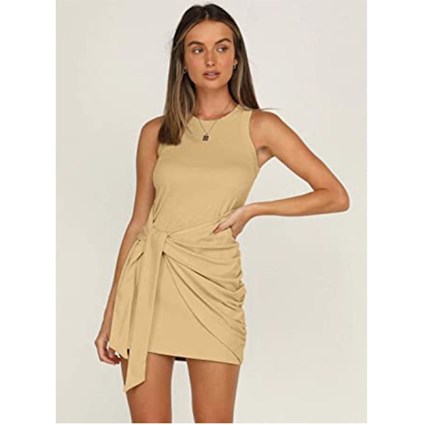 2023 Damer sommar Casual ärmlös strandtankklänning Bodycon Ruched miniklänningar Khaki S Khaki S