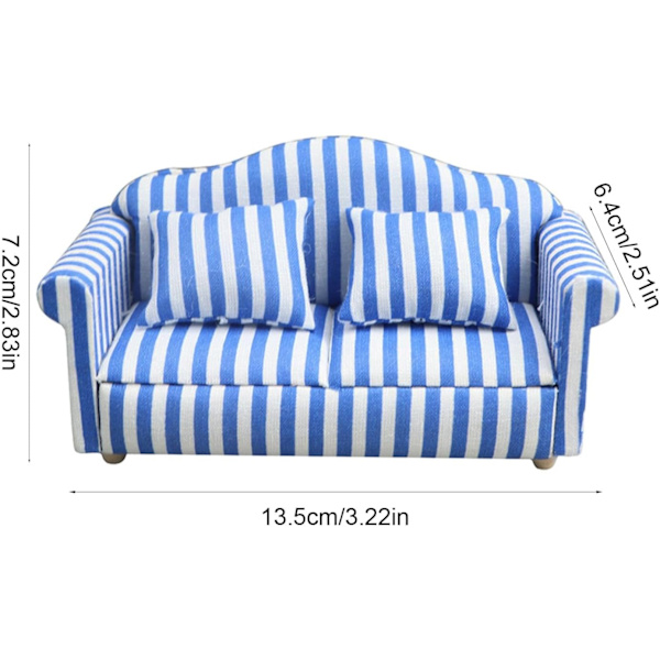 Nukkekotisohva tyynyllä - 1:12 mittakaavan miniatyyri punainen ja valkoinen raidallinen huonekalu lapsille Blue double sofa
