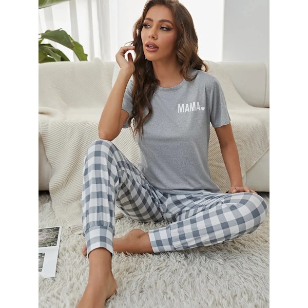 Brev Skriv Ut Pyjama Set Kort Ärm Besättning Hals Top & Elastisk Midjebyxor Kvinnors Sovkläder & Loungekläder GRÅ M