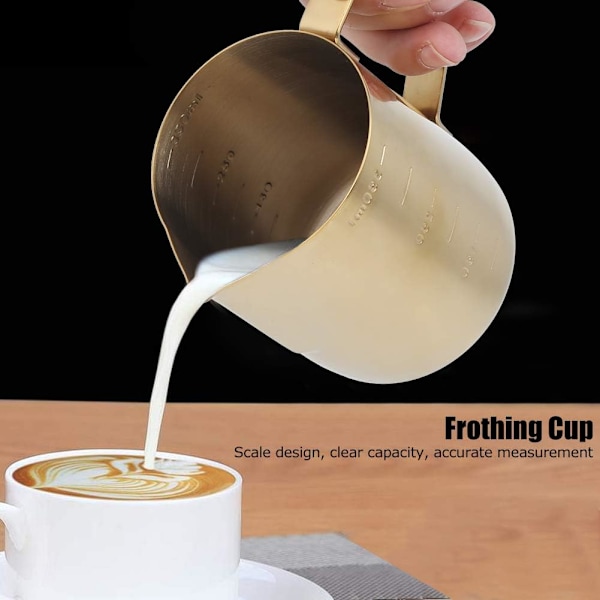 Rustfritt Stål Melkeskummer Kopp Mugg med Skala for Hjem Latte Art Kaffetilbehør Kafeer Gull 600ML (350ML (med vekt)) 350ML (med våg)