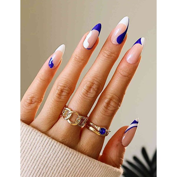 Blå Vita Medellånga Nakena falska naglar med design blanka korta akryl lösnaglar för kvinnor och flickor 24 st
