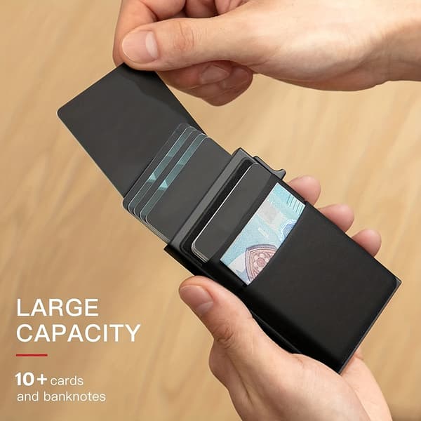 Side Push-kortholder Automatisk RFID-blokerende metal med stor kapacitet Sort