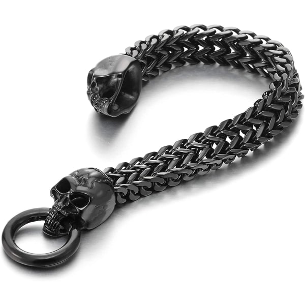 Gothic Herrskalle i rostfritt stål Franco Link Curb Chain Armband med fjäderringlås 8,5 tum Svart