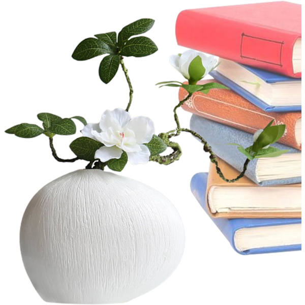 Keramisk blomkruka – geometrisk formarrangemang, vit dekorativ kruka för mantel, bokhylla Vit vas + vit fenix och azalea