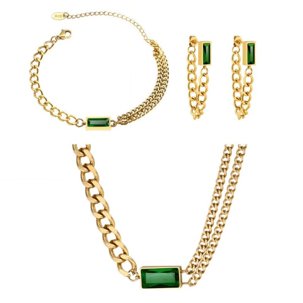 Zirkon Dubbellagers Kedjehalsband Enkelt Grönt fyrkantigt Armband Halsband Örhängen Set Kvinna