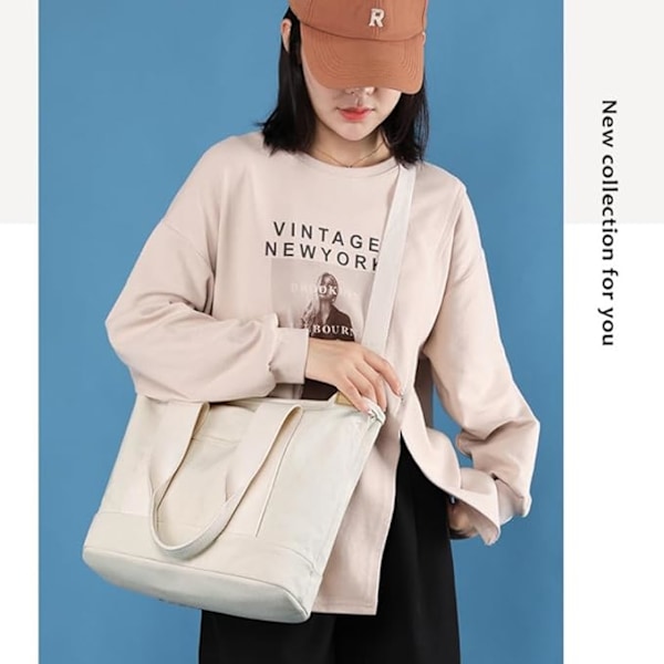 Håndveske i canvas, tote bag dame skulderveske dame, canvas tote bag skulderveske shopper med glidelås for hverdagsbruk, skole, shopping, arbeid, reise Vit