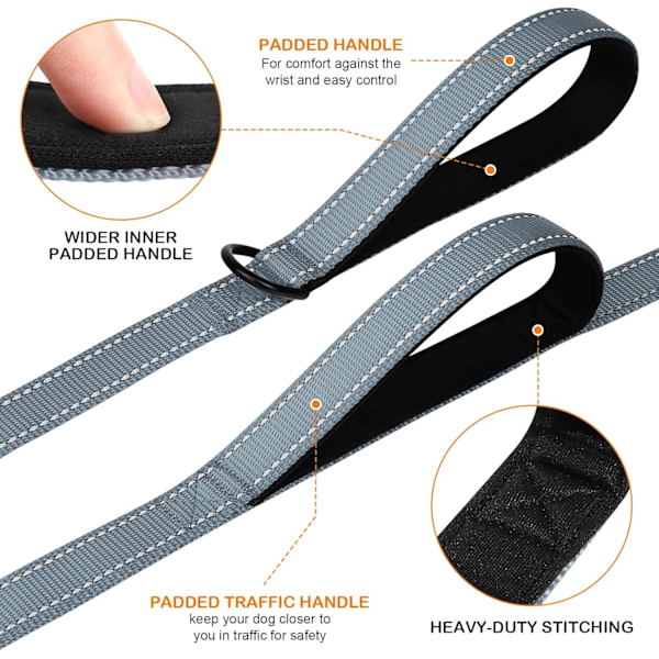 Solid Hundeleie med Dobbelt Håndtak, Refleks for Trafikkontroll, 6FT, Grå Grey 6 ft 2 Handle